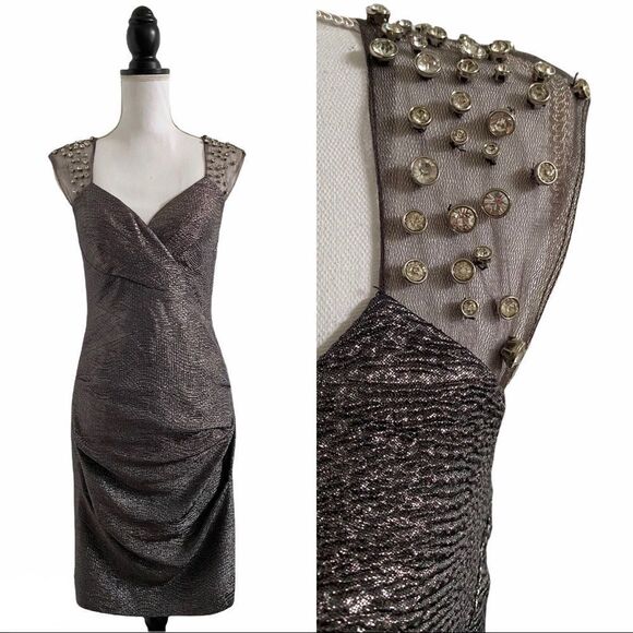 Metallic Embellished Rhinestone Sheath Dress Gunmetal Gray US Size 6 - Picture 3 of 9